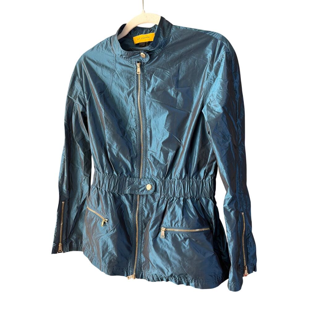 0214 St. John Petite Teal Navy Zip Windbreaker Jacket Gold Hardware Size P
